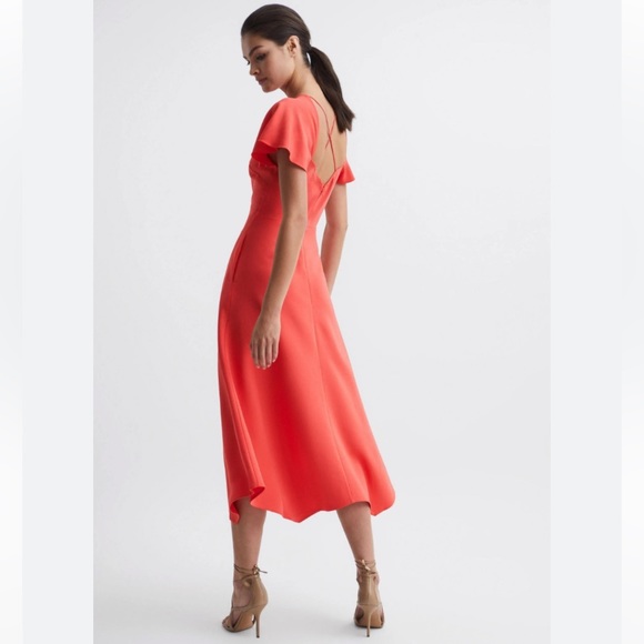 NWT Reiss Eleni Flutter Cap Sleeve strappy back Midi Maxi Coral fit flare dress - Picture 3 of 13